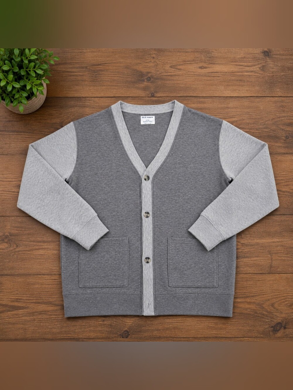 Old Navy Men's Fleece-Knit Two-Tone Gray Button Cardigan Sweater Size Large
